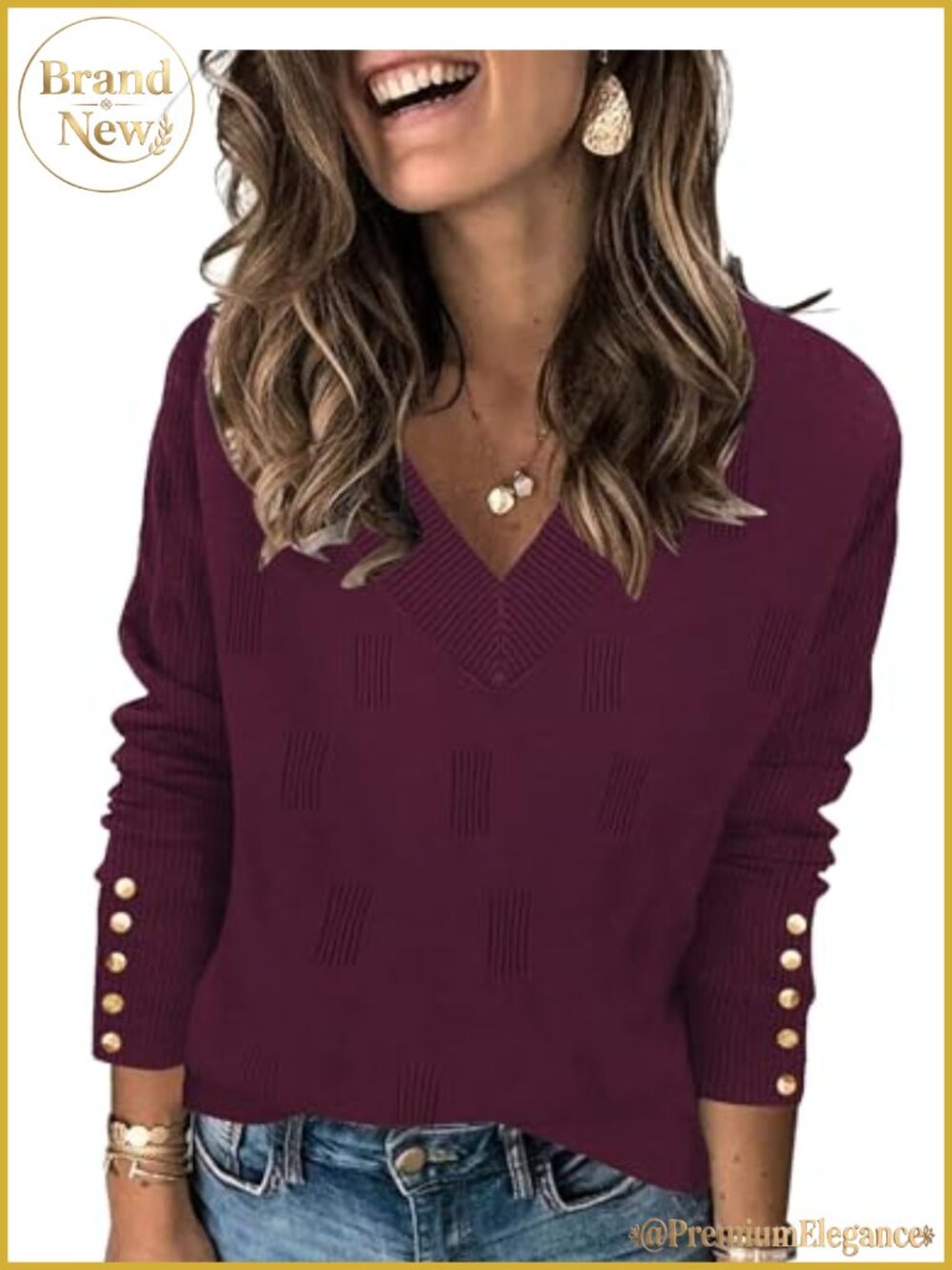 V Neck Long Sleeve Lightweight Knit Pullover Sweater with Buttons